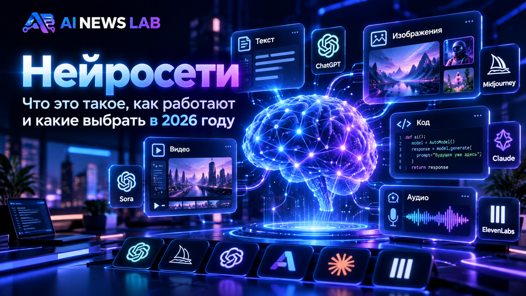 Нейросети в 2026 году — искусственный интеллект для создания текста, изображений, видео, музыки и программирования  Копировать