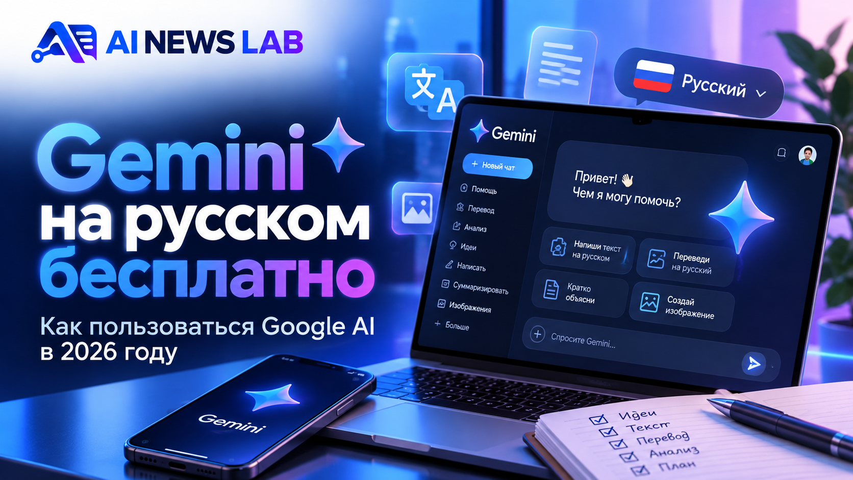Gemini на русском бесплатно — нейросеть Google AI для текстов, изображений и документов в 2026 году