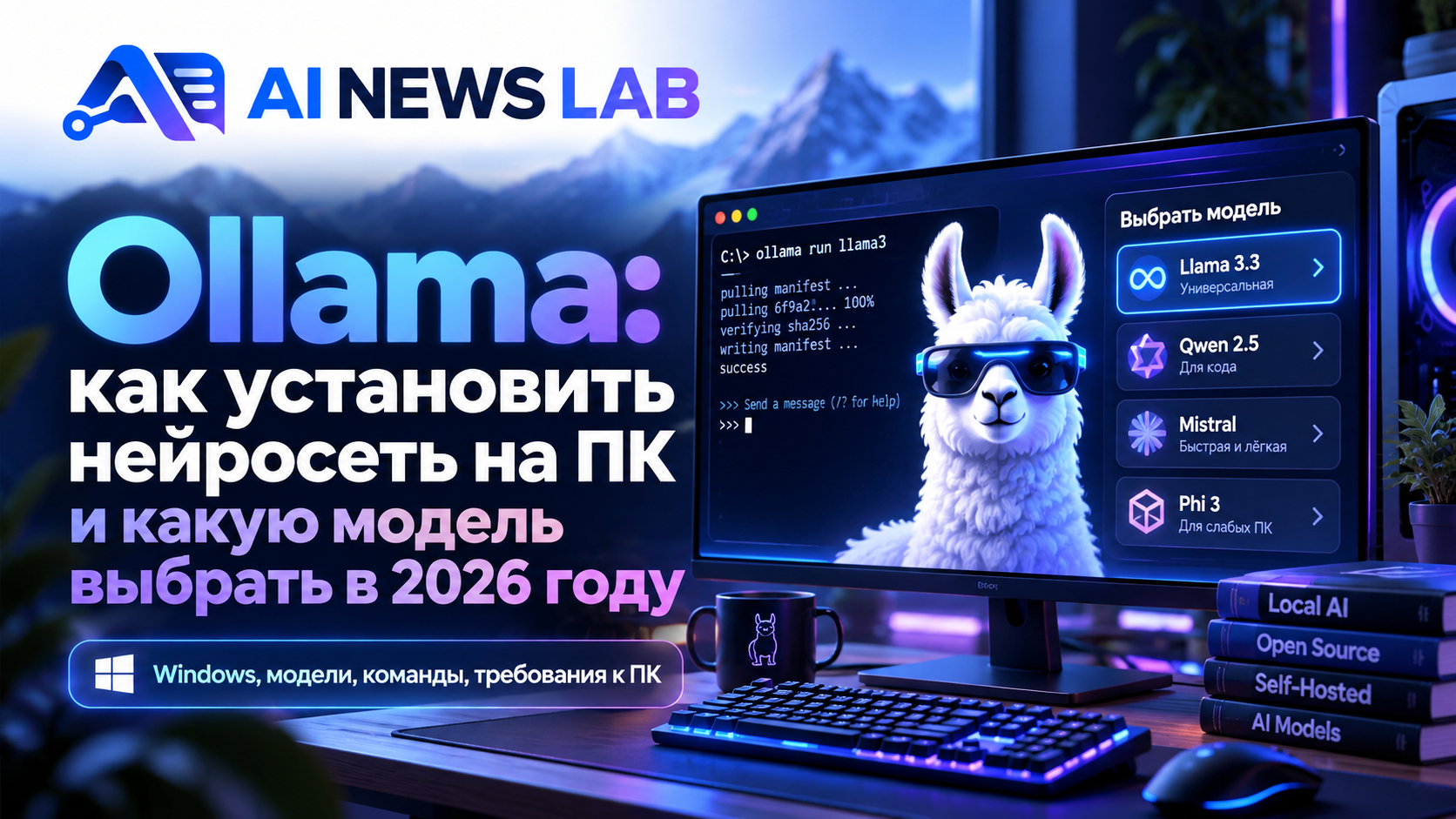 Запуск локальных нейросетей Ollama на компьютере с RTX 4080 SUPER терминал Windows, модели Qwen, DeepSeek и Gemma.