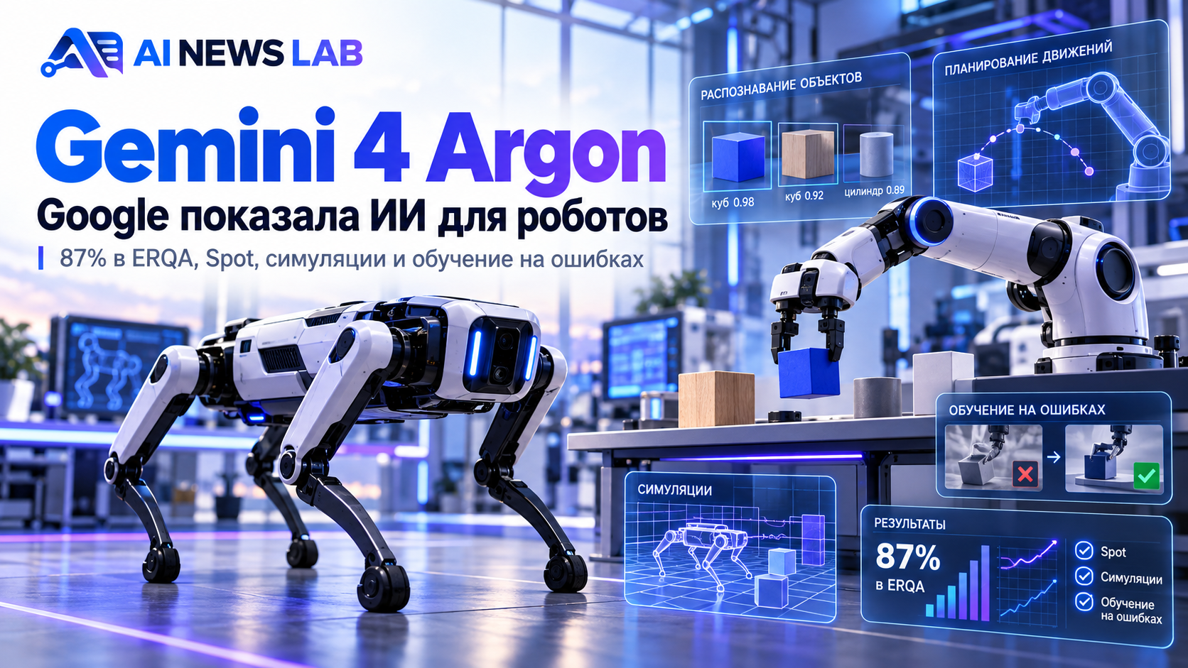 Робот Boston Dynamics Spot под управлением Gemini 4 Argon, цифровая 3D-симуляция и визуализация искусственного интеллекта Google.