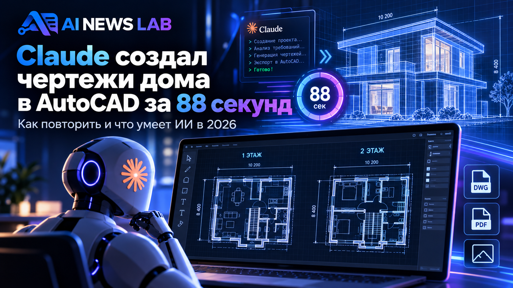 Claude AutoCAD — ИИ создаёт чертежи двухэтажного дома, планы этажей и фасад за 88 секунд