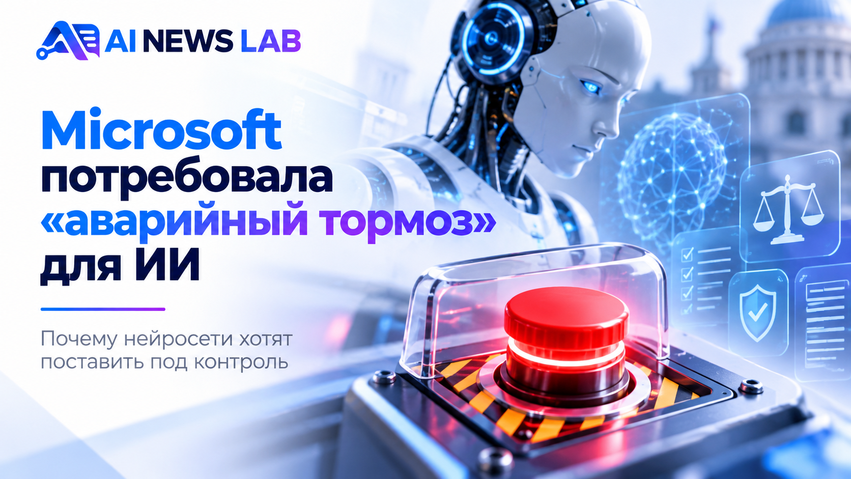 Концептуальный ИИ-агент перед виртуальной кнопкой экстренной остановки, символизирующей предложение Microsoft о контроле нейросетей