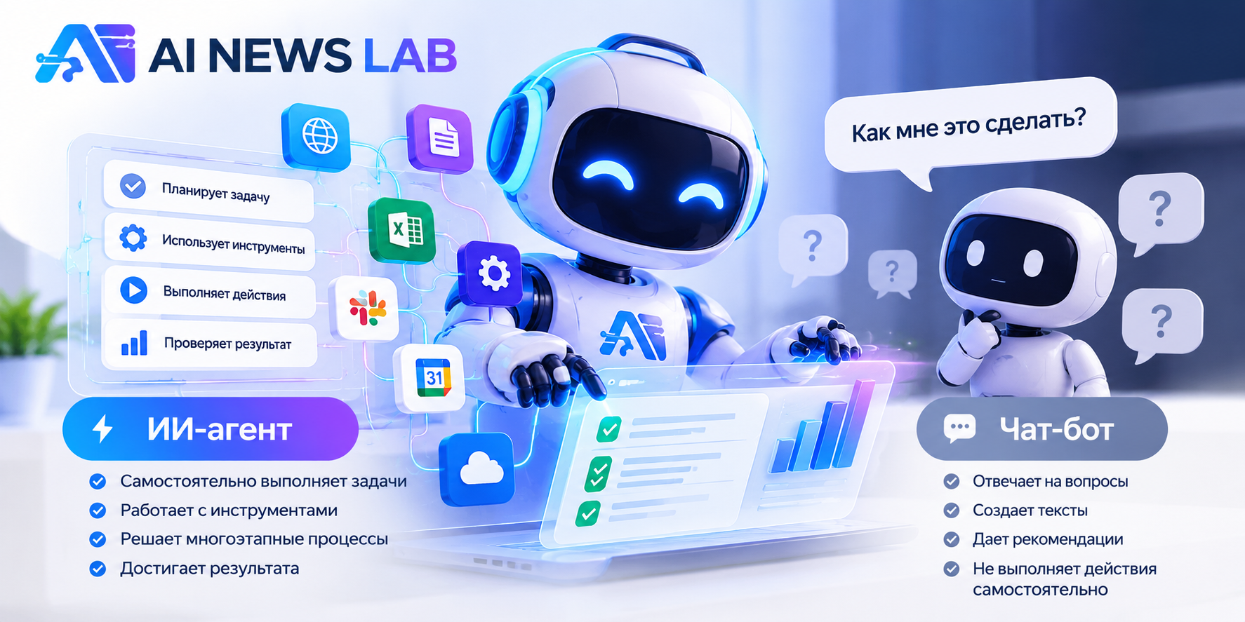Что такое ИИ-агент — схема автономной работы искусственного интеллекта с инструментами, памятью и выполнением задач в отличие от обычного чат-бота