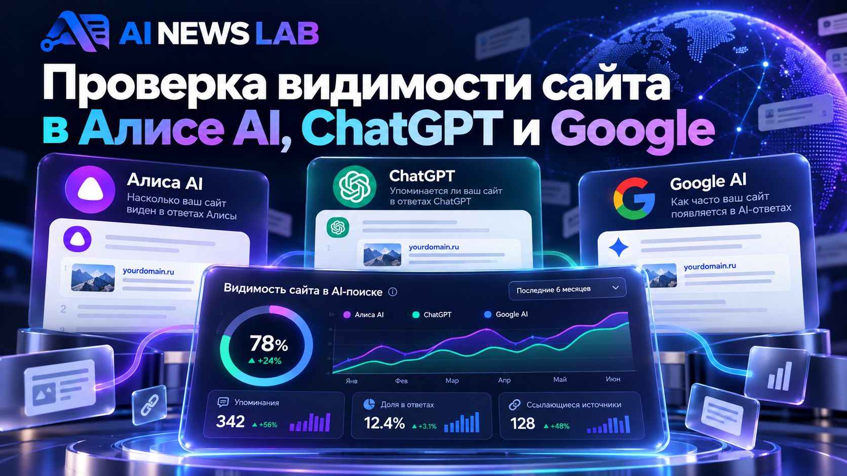 Предварительный вариант: «Проверка GEO-видимости сайта в Алисе AI, ChatGPT и Google AI с графиками цитирования и статистикой упоминаний».