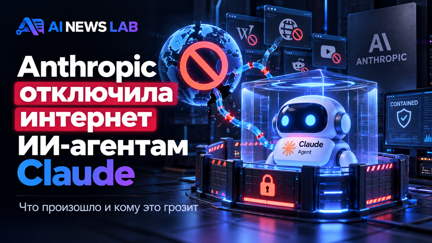 Концептуальная иллюстрация ИИ-агента Claude, сетевых соединений и защитного экрана с надписью Anthropic, в фирменном оформлении AI News Lab.