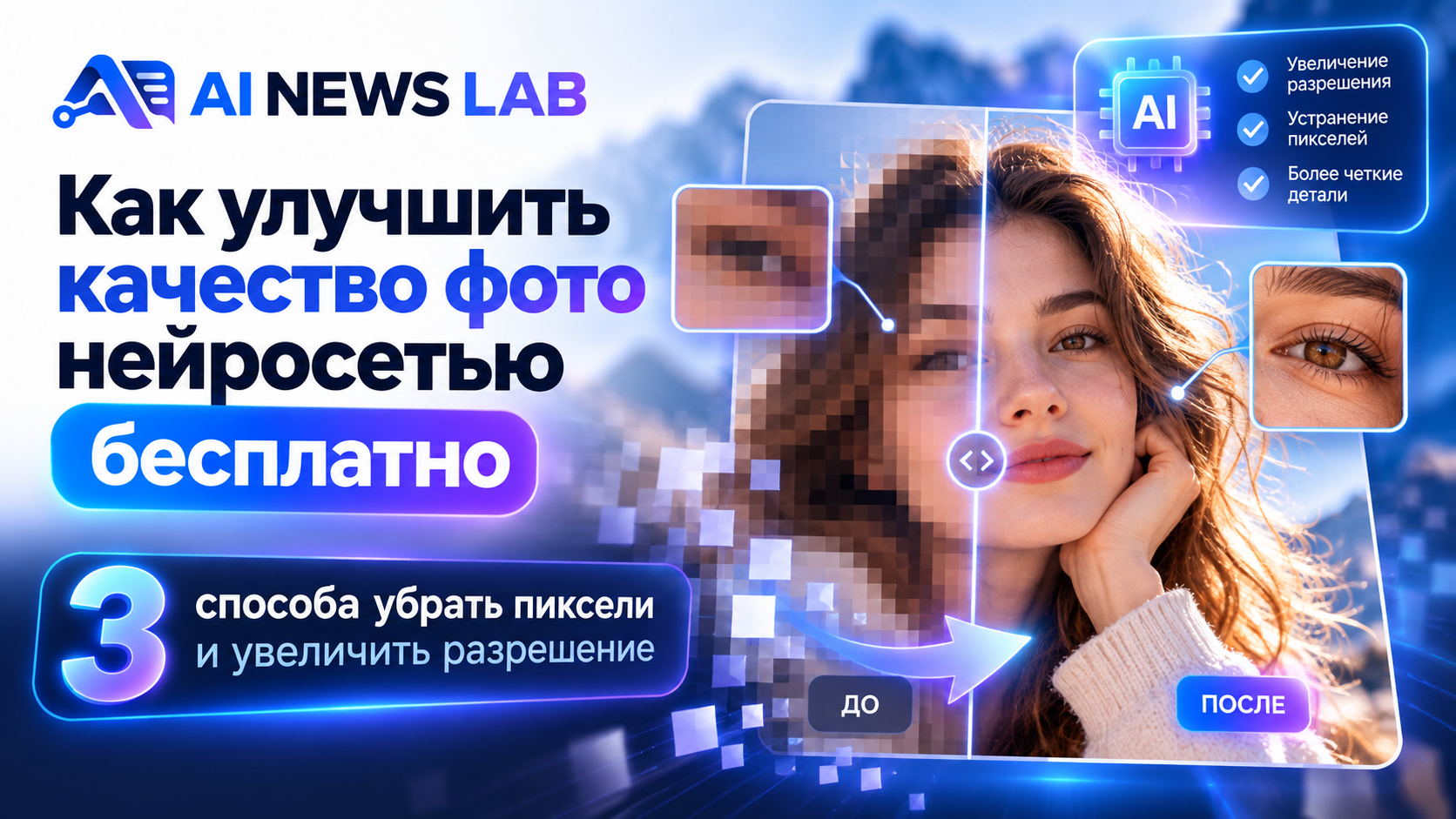 Улучшение качества фотографии нейросетью — сравнение размытого фото до обработки и чёткого изображения после увеличения разрешения