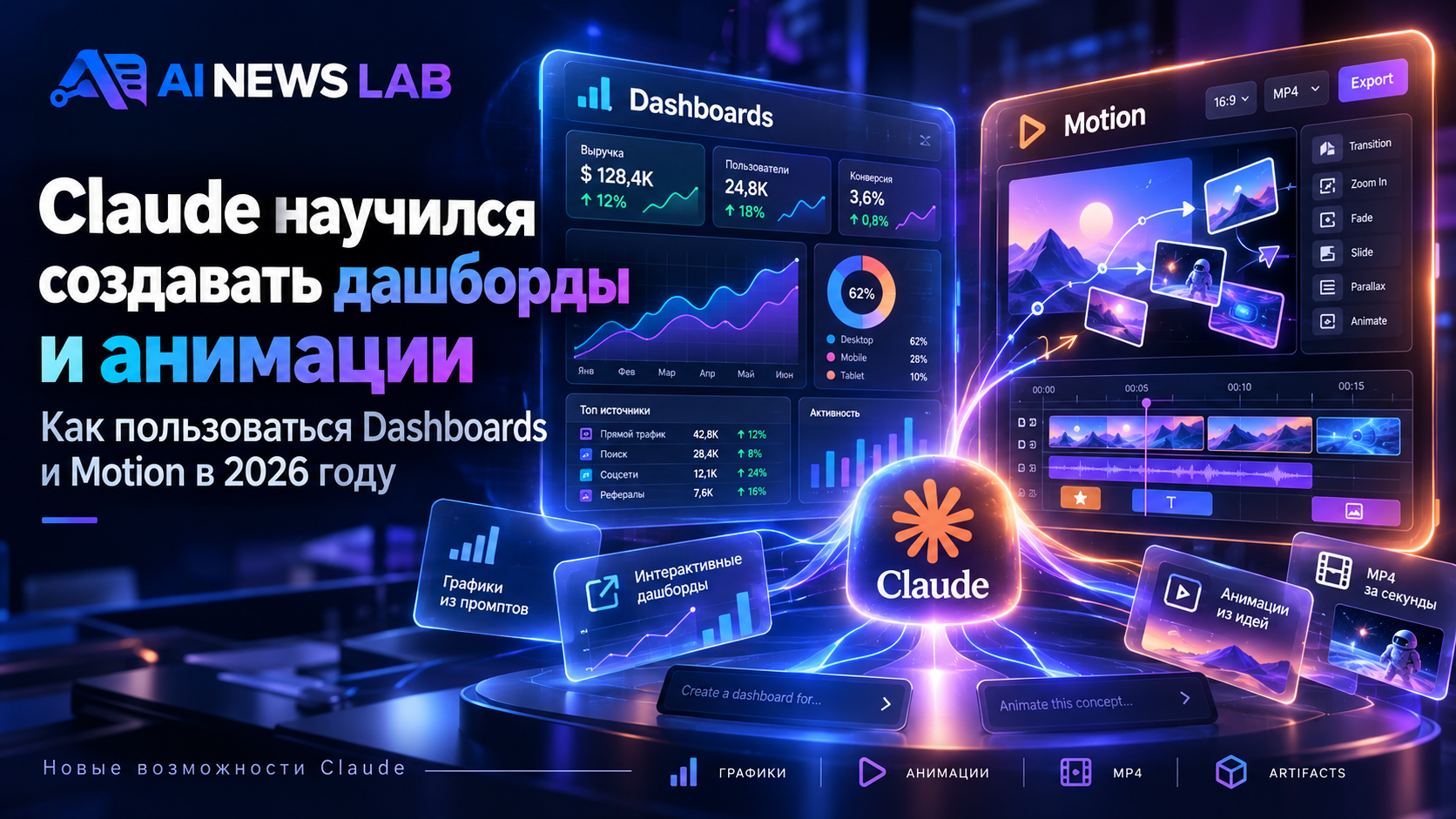 Обложка AI News Lab с интерактивными графиками Claude Dashboards, анимированной диаграммой Claude Motion и фирменным логотипом издания.