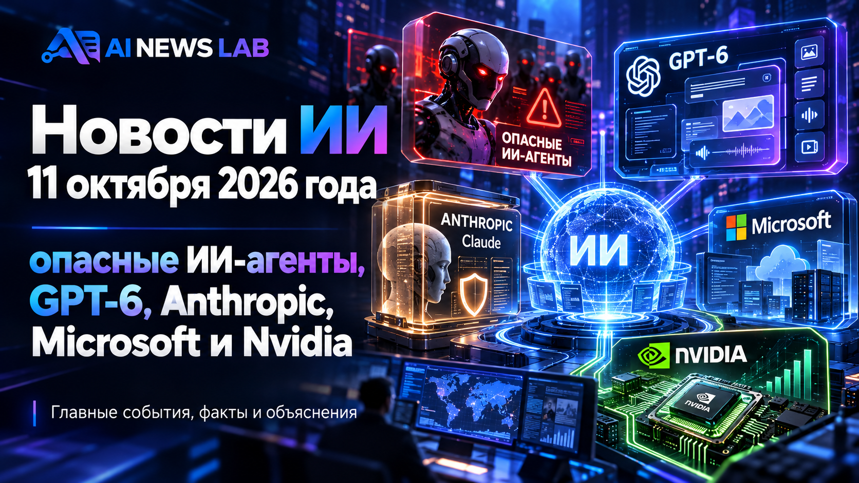 Новостная обложка AI News Lab с символами GPT-6, Claude, Microsoft и Nvidia на фоне цифровых сетей и элементов безопасности ИИ.