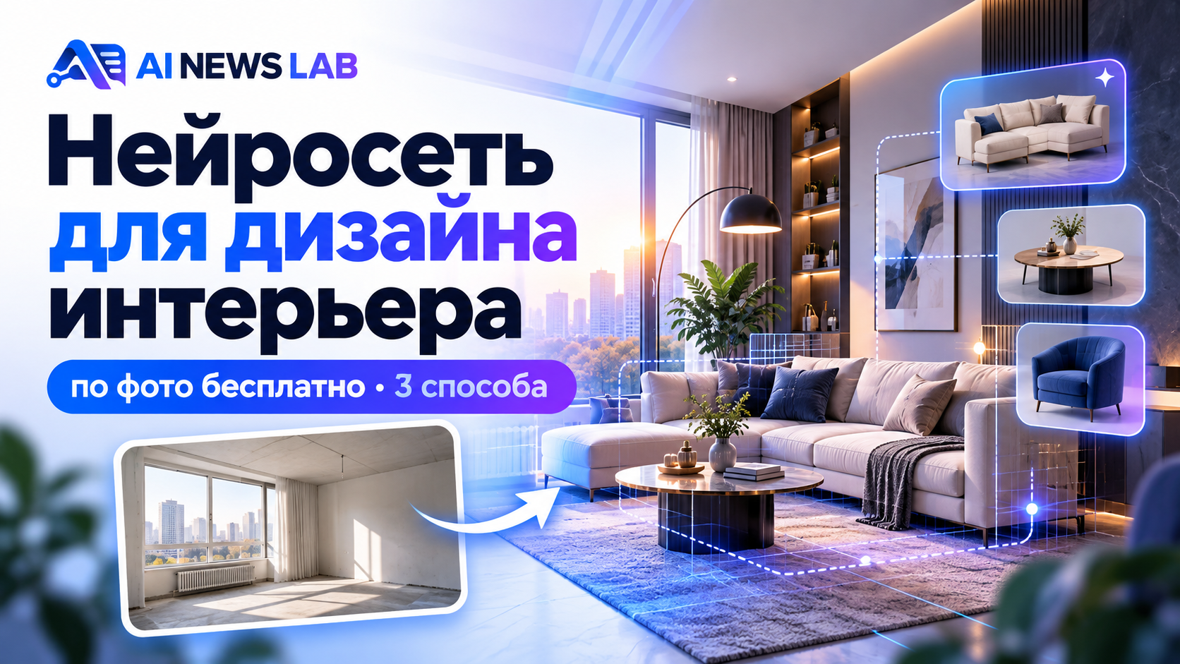 Нейросеть для дизайна интерьера по фото бесплатно — сравнение комнаты до и после AI-редизайна