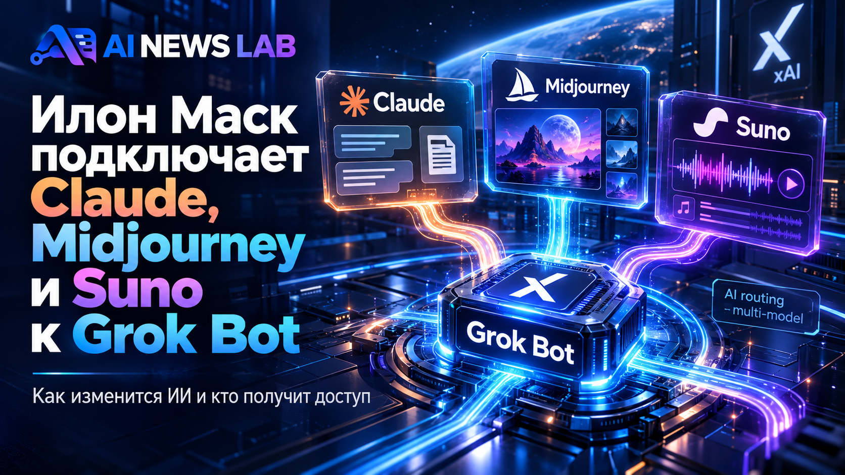 Илон Маск и Grok Bot: визуальная схема подключения Claude Opus 5.5, Midjourney и Suno к одному ИИ-агенту, фирменный логотип AI News Lab.