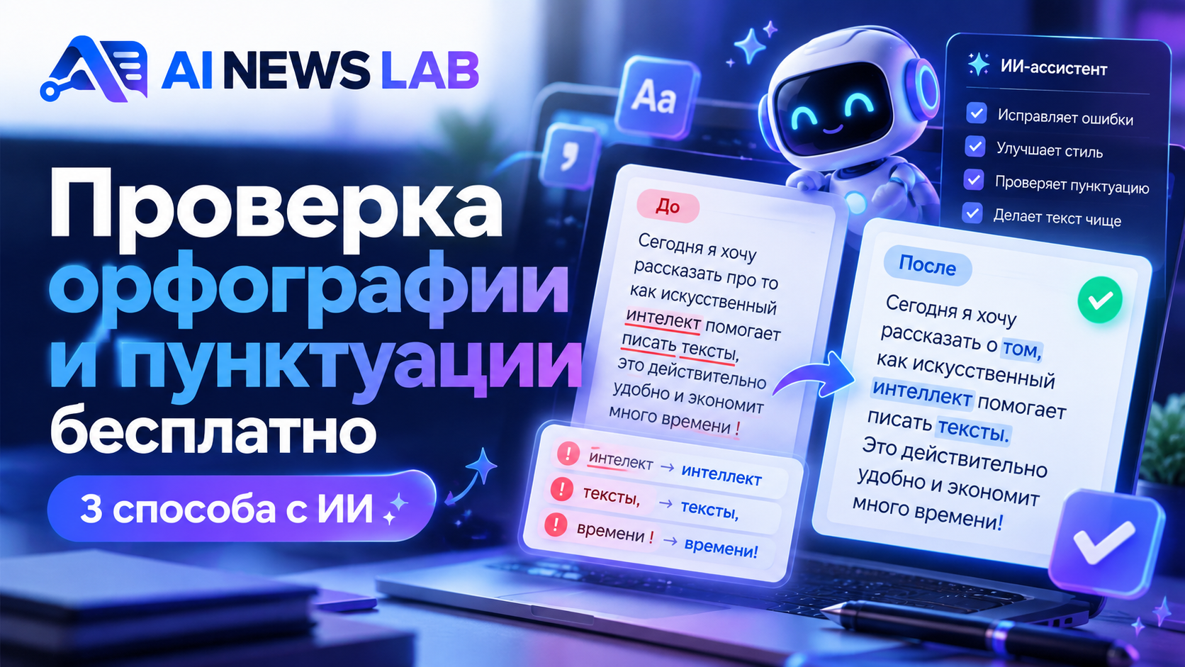 Проверка орфографии и пунктуации нейросетью — текст с ошибками до корректуры и исправленная версия