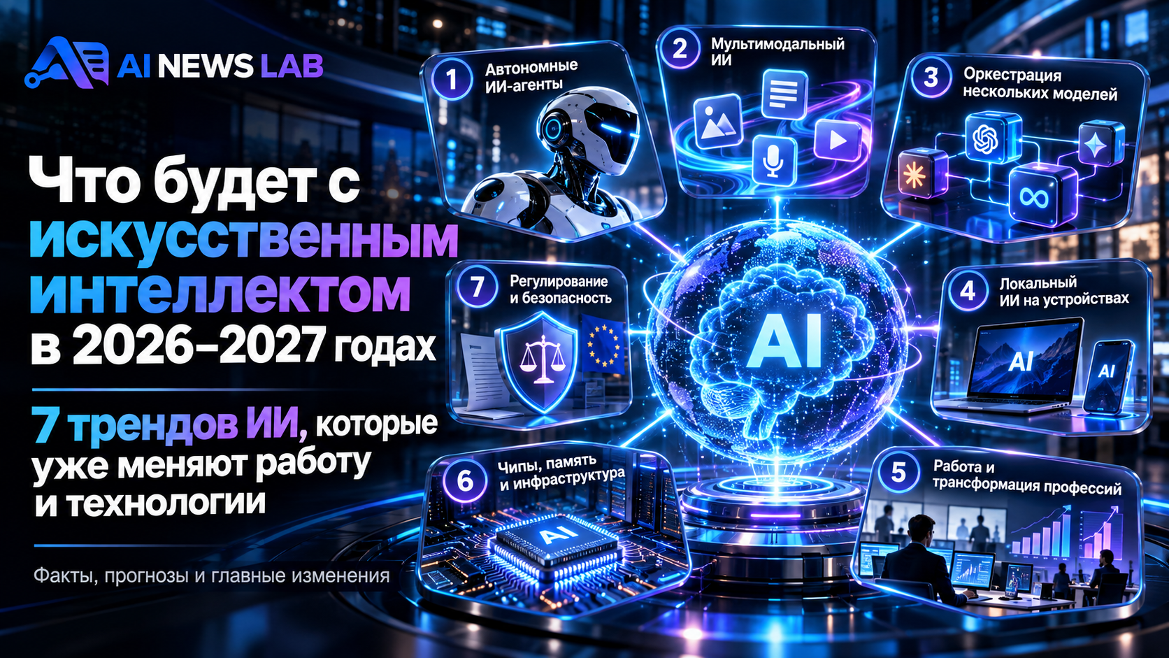Футуристическая инфографика о трендах искусственного интеллекта 2026–2027 ИИ-агенты, нейросети, чипы, роботы и цифровые системы, логотип AI News Lab.