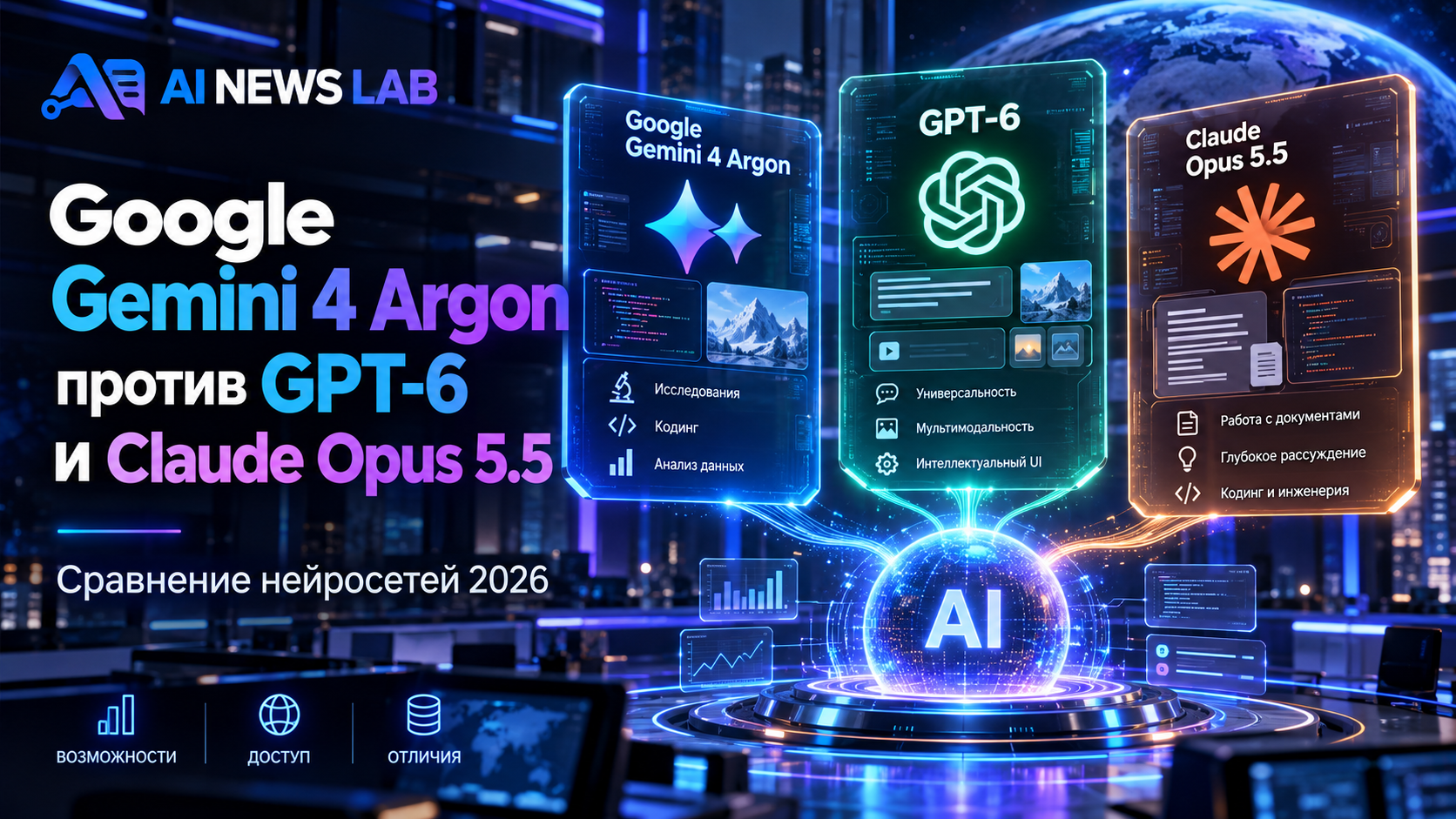 Сравнение нейросетей Google Gemini 4 Argon, GPT-6 и Claude Opus 5.5 на технологической обложке с логотипом AI News Lab.